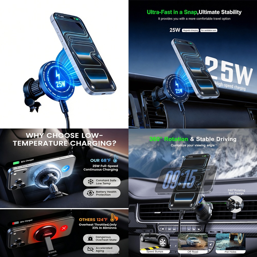 Magnetic Phone Holder For Car Vent - Strong 25W Magnetic Wireless Car Charger