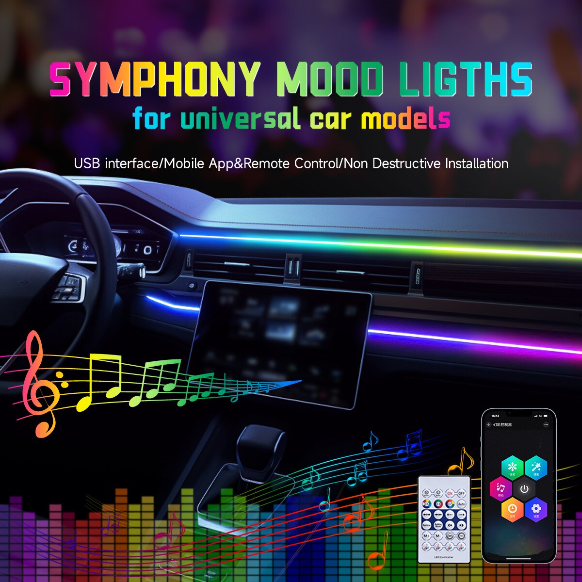 Car USB 64 Colors Acrylic Stri - Led Ambient Interior Car Lights App Control recension och pris